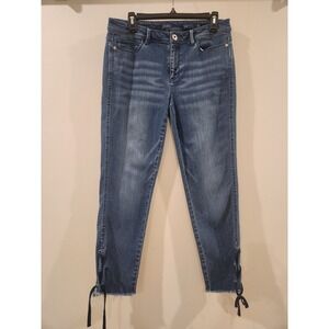 J. Jill Denim Cropped Jeans Authentic‎ Fit Size 8 Blue Lace Up Frayed Hem